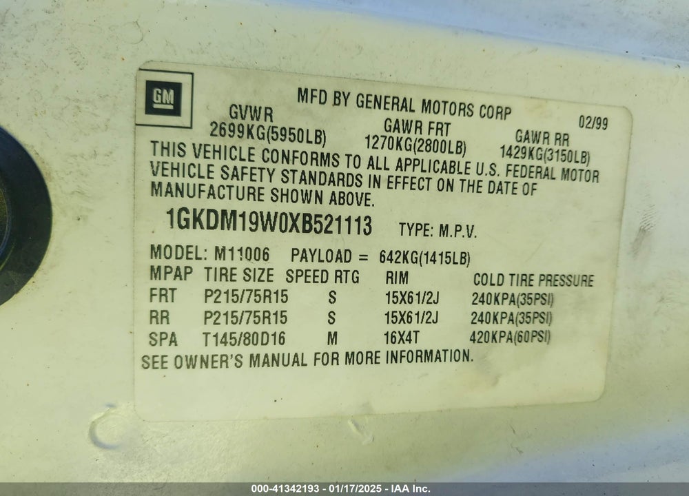 1999 GMC SAFARI SLT VIN: 1GKDM19W0XB521113