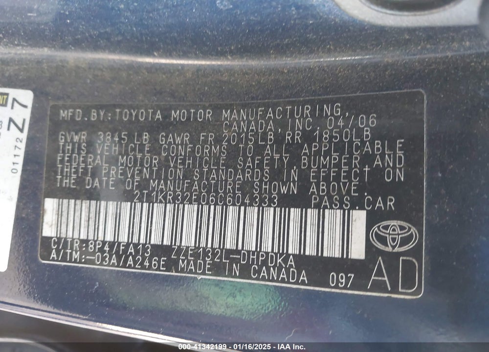 2006 TOYOTA COROLLA MATRIX VIN: 2T1KR32E06C604333