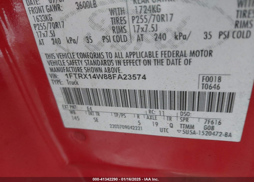2008 FORD F-150 STX/XL/XLT VIN: 1FTRX14W88FA23574