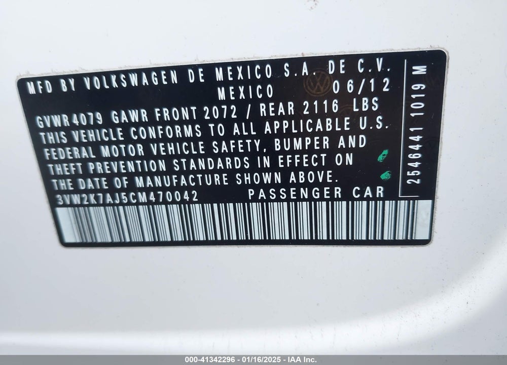 2012 VOLKSWAGEN JETTA 2.0L S VIN: 3VW2K7AJ5CM470042