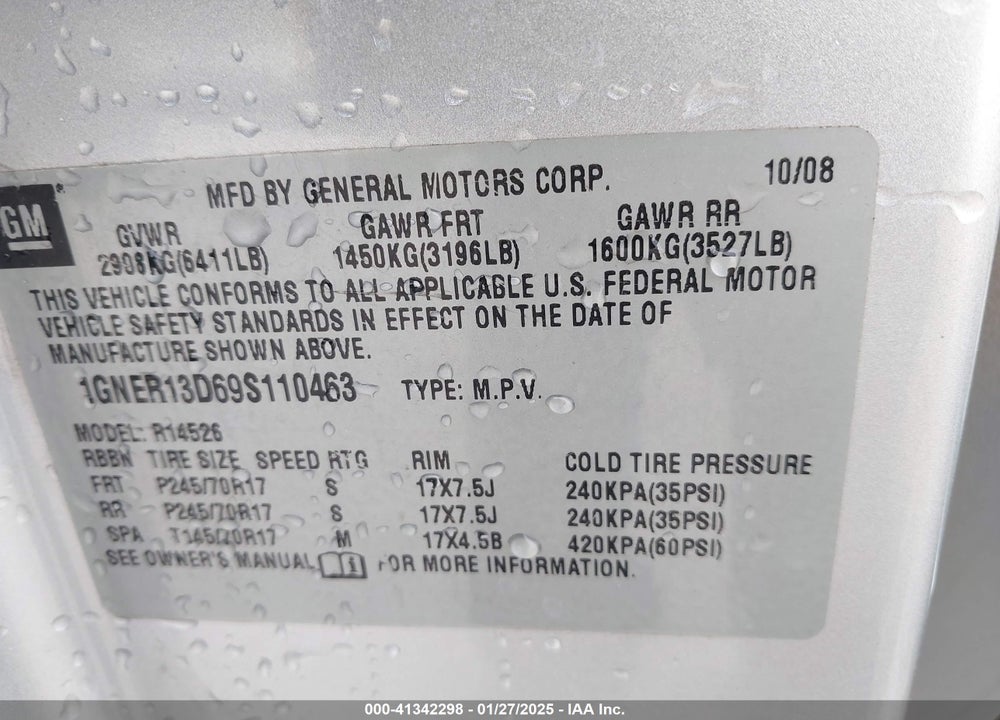 2009 CHEVROLET TRAVERSE VIN: 1GNER13D69S110463