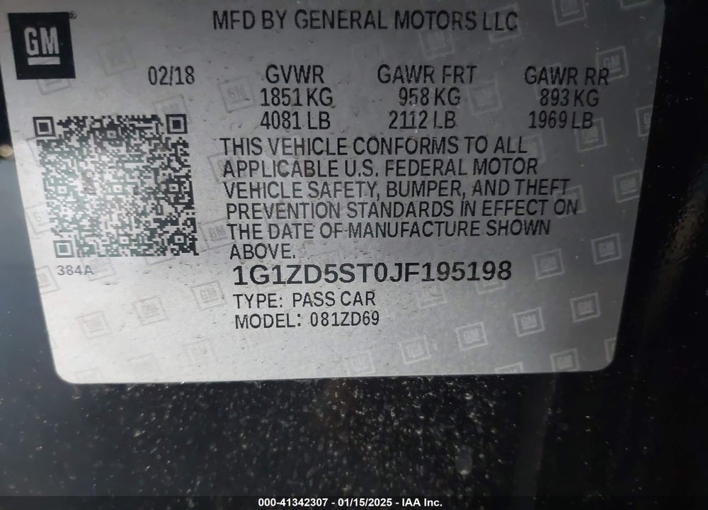 2018 CHEVROLET MALIBU VIN: 1G1ZD5ST0JF195198