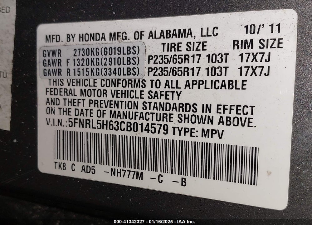 2012 HONDA ODYSSEY EX-L VIN: 5FNRL5H63CB014579