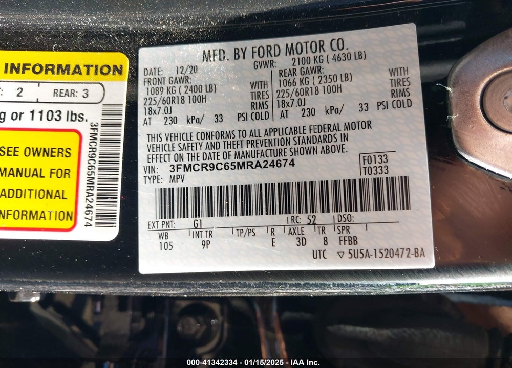 2021 FORD BRONCO SPORT OUTER BANKS VIN: 3FMCR9C65MRA24674
