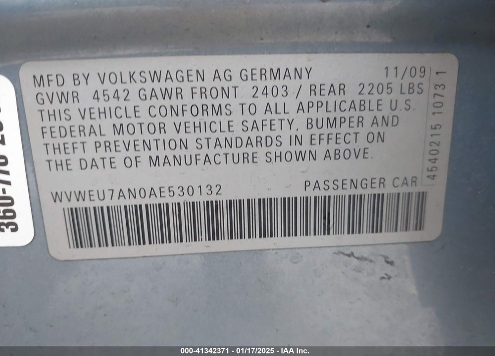 2010 VOLKSWAGEN CC VR6 SPORT VIN: WVWEU7AN0AE530132