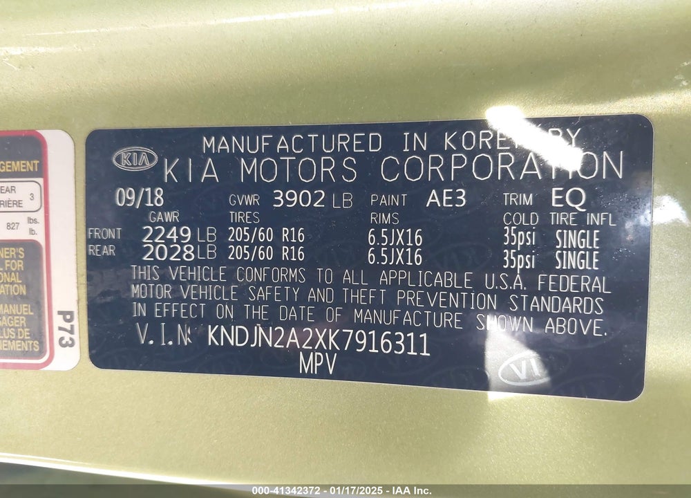 2019 KIA SOUL VIN: KNDJN2A2XK7916311
