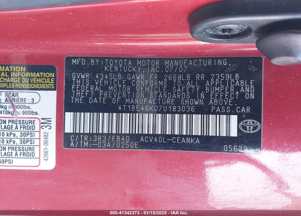 2007 TOYOTA CAMRY LE VIN: 4T1BE46K07U183036