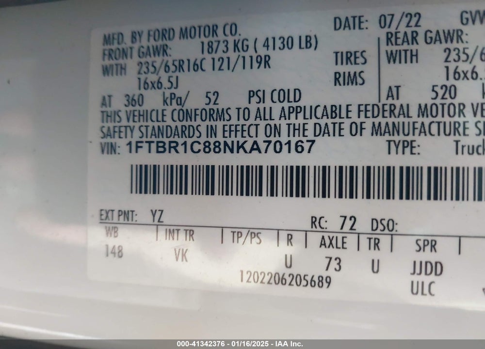 2022 FORD TRANSIT-250 VIN: 1FTBR1C88NKA70167