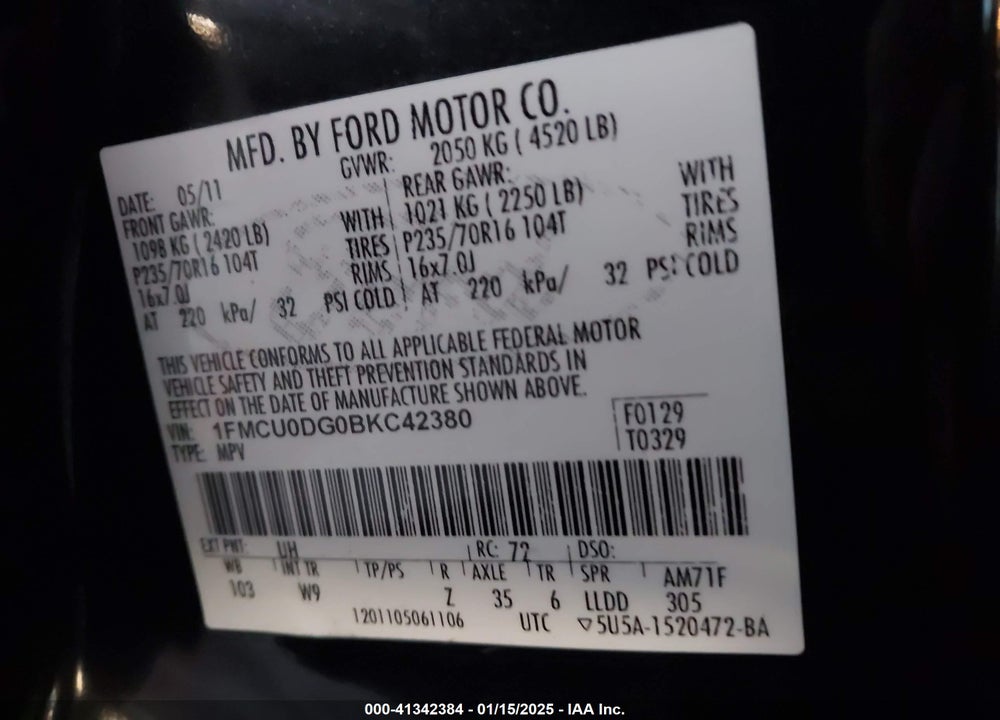 2011 FORD ESCAPE XLT VIN: 1FMCU0DG0BKC42380