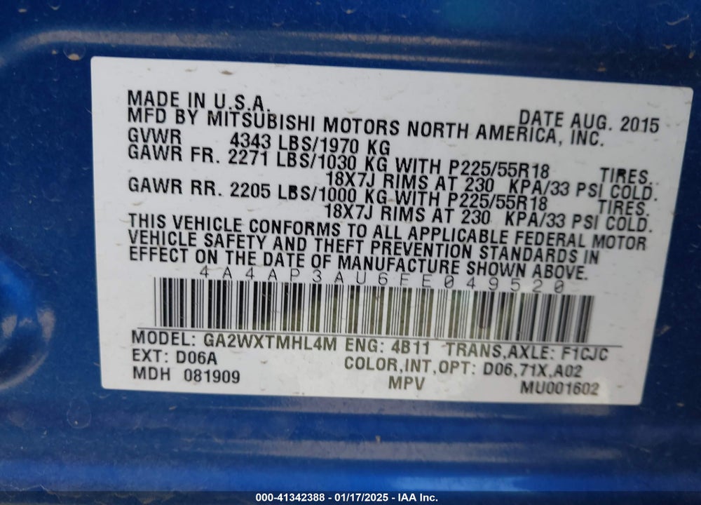 2015 MITSUBISHI OUTLANDER SPORT ES VIN: 4A4AP3AU6FE049520