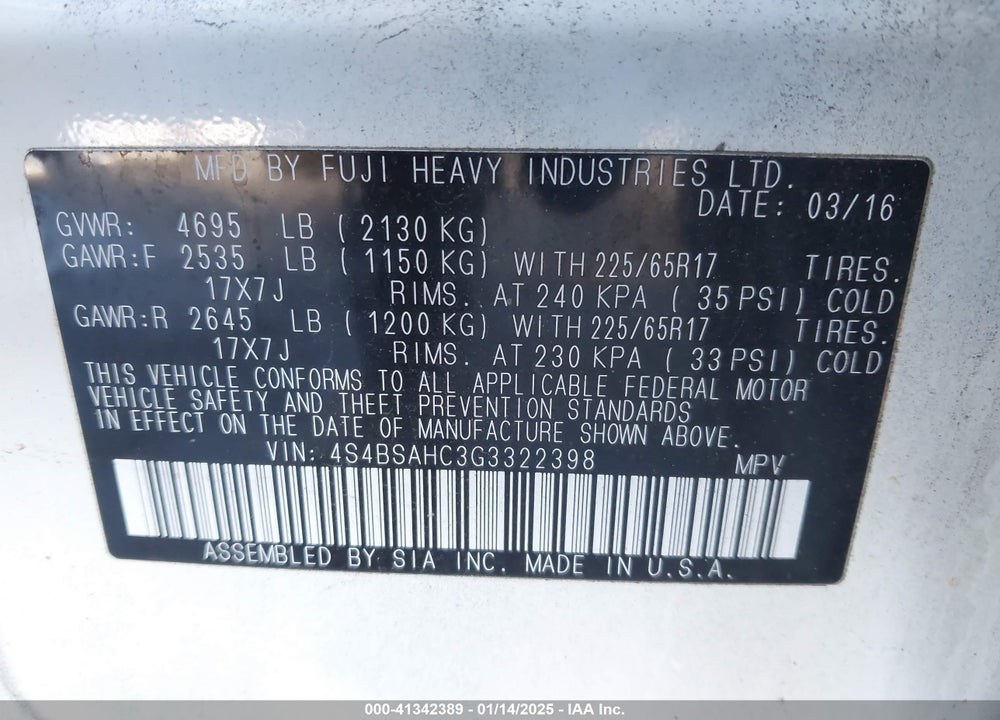 2016 SUBARU OUTBACK 2.5I PREMIUM VIN: 4S4BSAHC3G3322398