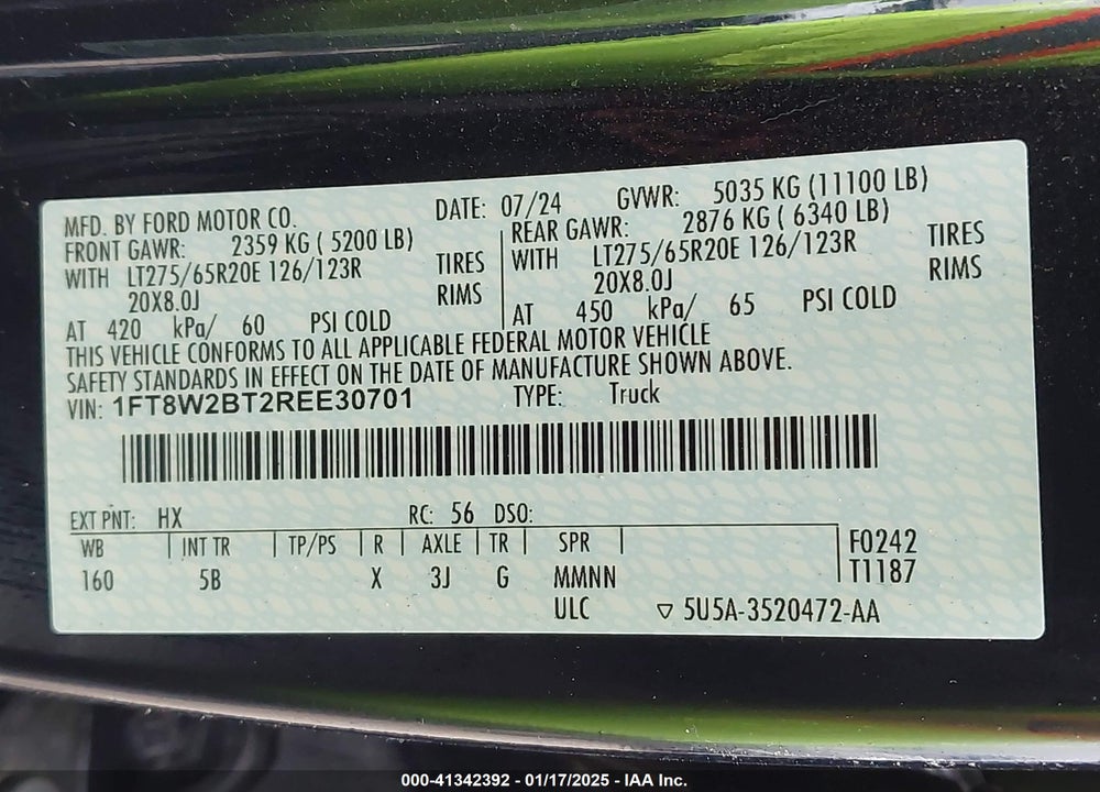 2024 FORD F-250 LARIAT VIN: 1FT8W2BT2REE30701