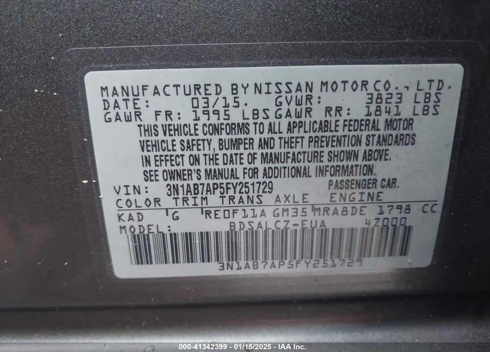 2015 NISSAN SENTRA S VIN: 3N1AB7AP5FY251729