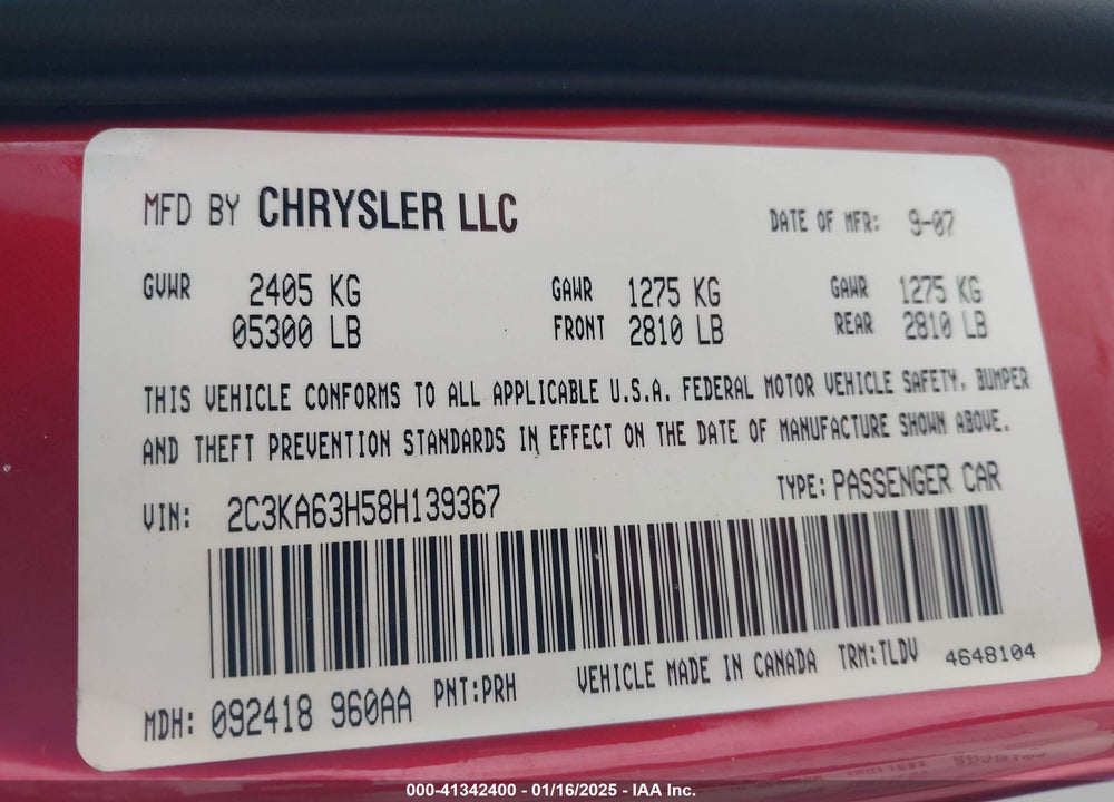 2008 CHRYSLER 300C VIN: 2C3KA63H58H139367
