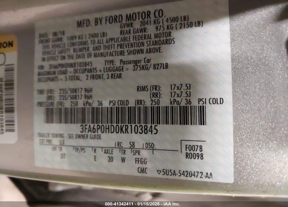 2019 FORD FUSION VIN: 3FA6P0HD0KR103845