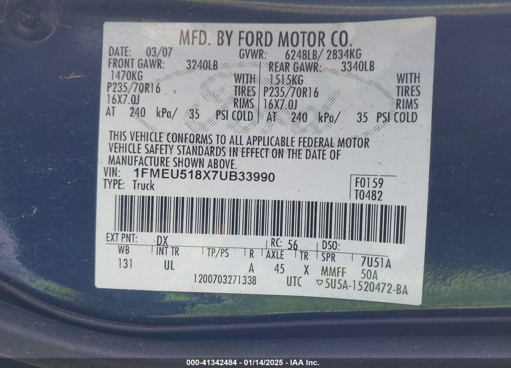 2007 FORD EXPLORER SPORT TRAC VIN: 1FMEU518X7UB33990