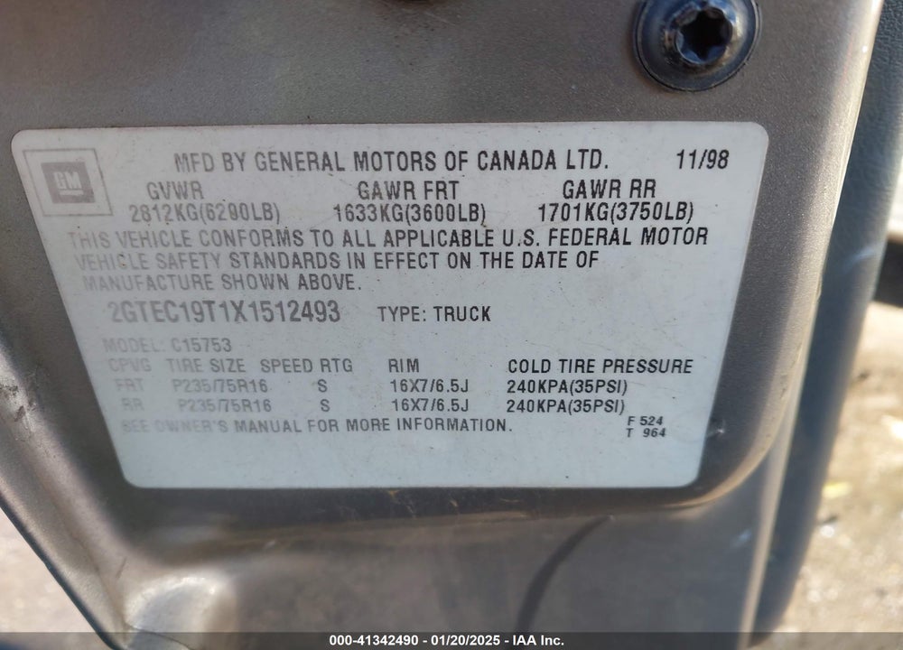 1999 GMC SIERRA 1500 SLE VIN: 2GTEC19T1X1512493