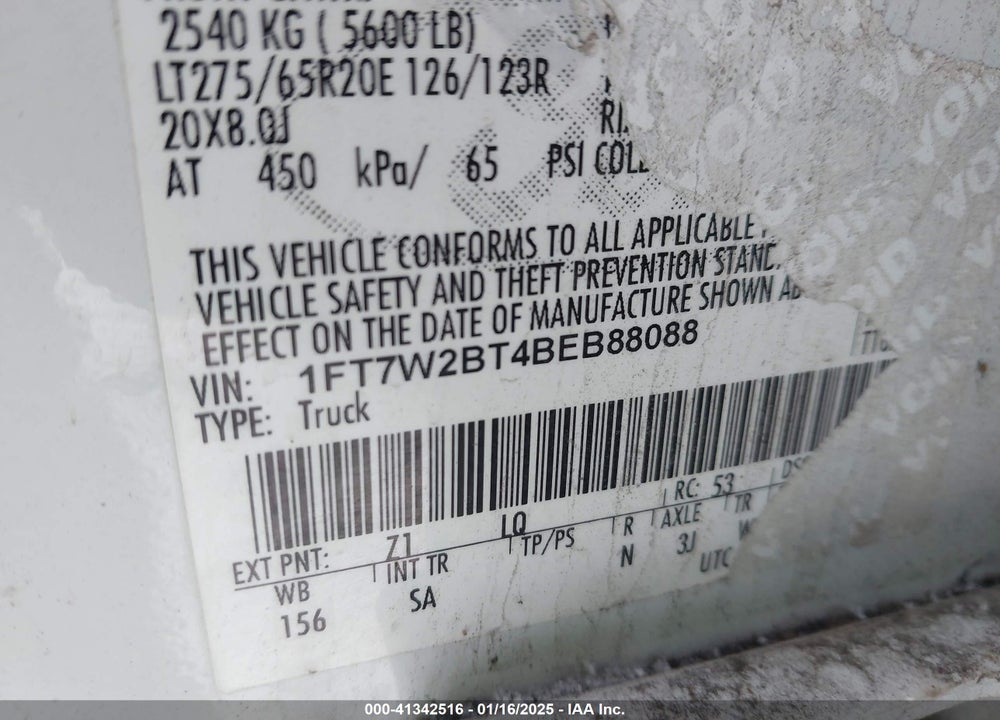 2011 FORD F-250 VIN: 1FT7W2BT4BEB88088