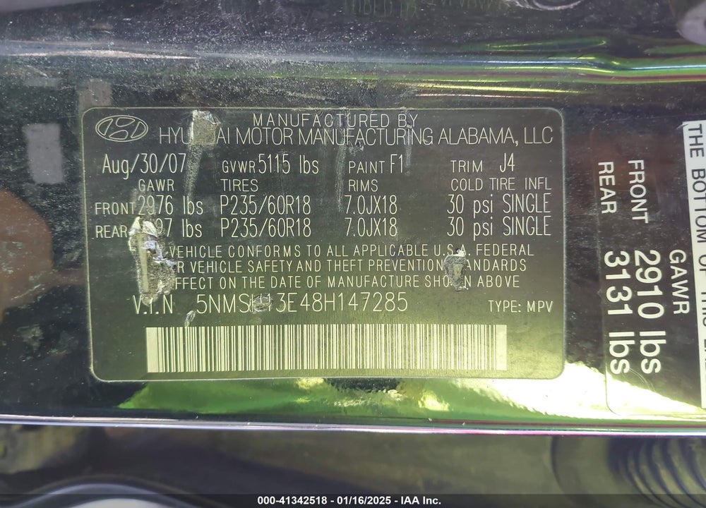2008 HYUNDAI SANTA FE LIMITED/SE VIN: 5NMSH13E48H147285