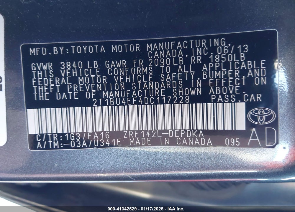 2013 TOYOTA COROLLA VIN: 2T1BU4EE4DC117228