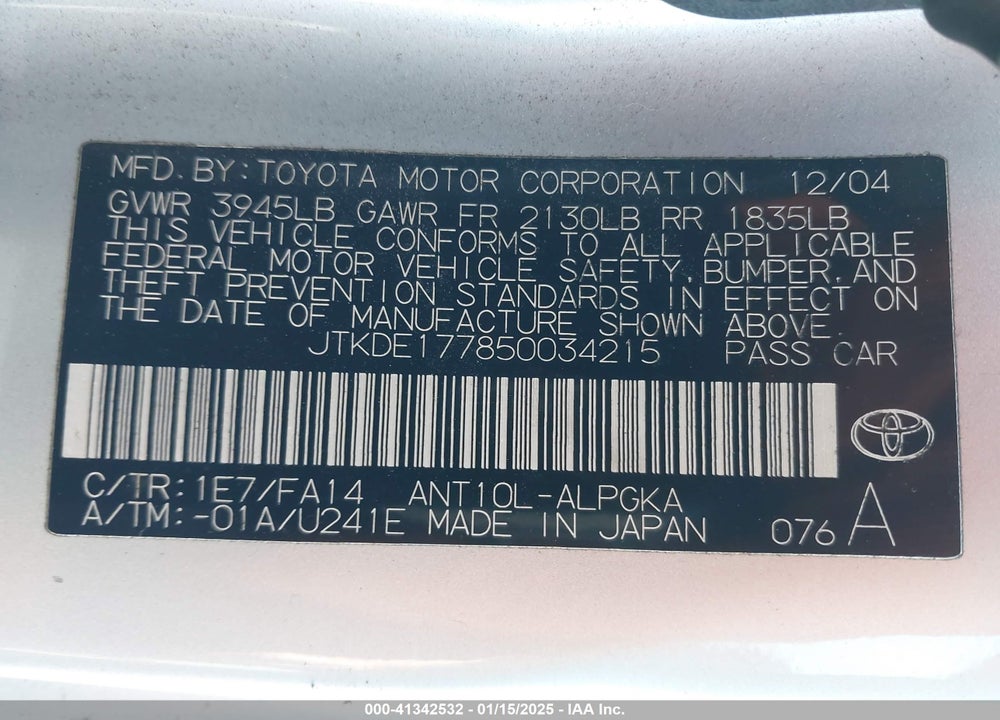 2005 SCION TC VIN: JTKDE177850034215