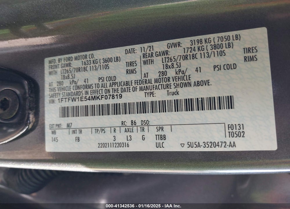 2021 FORD F-150 XLT VIN: 1FTFW1E54MKF07819