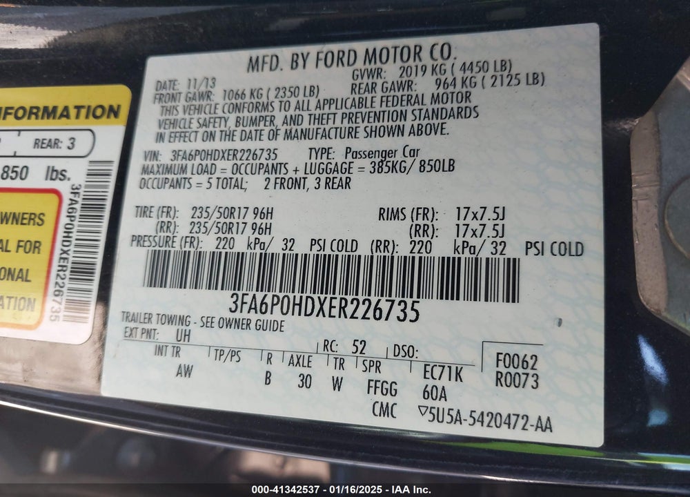 2014 FORD FUSION VIN: 3FA6P0HDXER226735