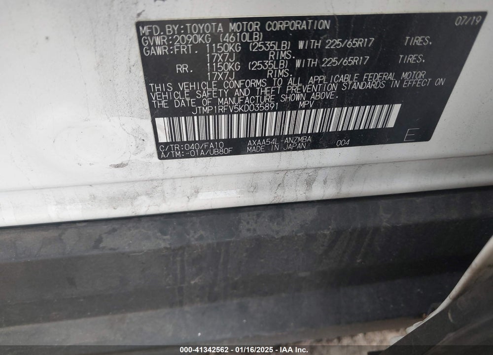 2019 TOYOTA RAV4 VIN: JTMP1RFV5KD035891