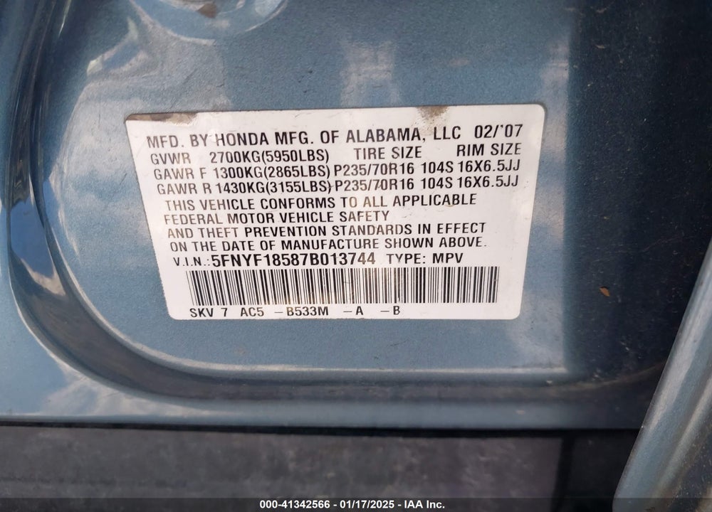 2007 HONDA PILOT EX-L VIN: 5FNYF18587B013744