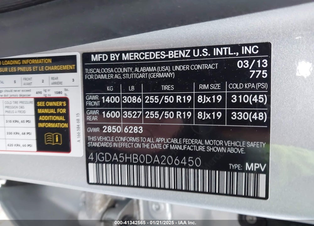 2013 MERCEDES-BENZ ML 350 4MATIC VIN: 4JGDA5HB0DA206450