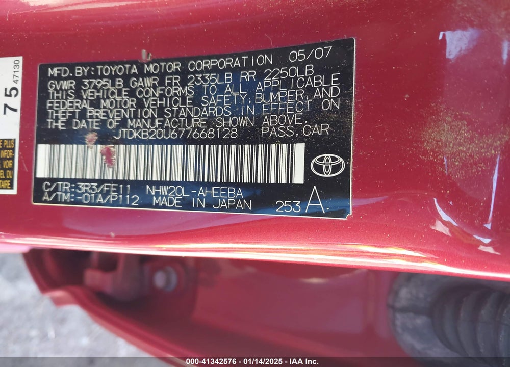 2007 TOYOTA PRIUS VIN: JTDKB20U677668128