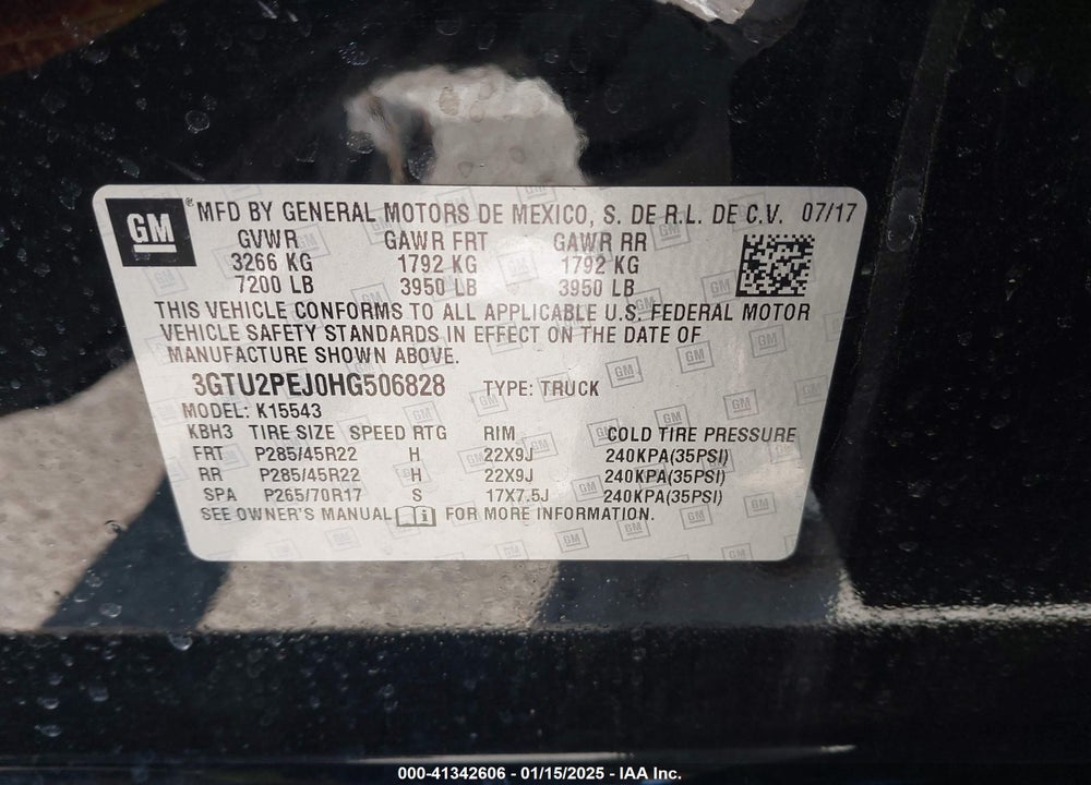2017 GMC SIERRA 1500 VIN: 3GTU2PEJ0HG506828