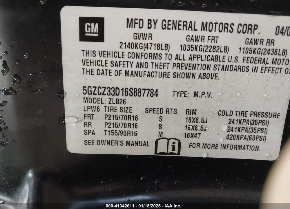 2006 SATURN VUE 4 CYL VIN: 5GZCZ33D16S887784