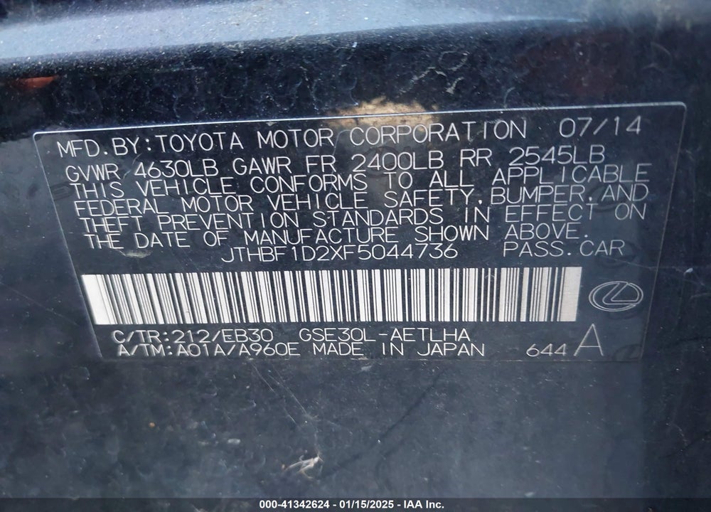 2015 LEXUS IS VIN: JTHBF1D2XF5044736