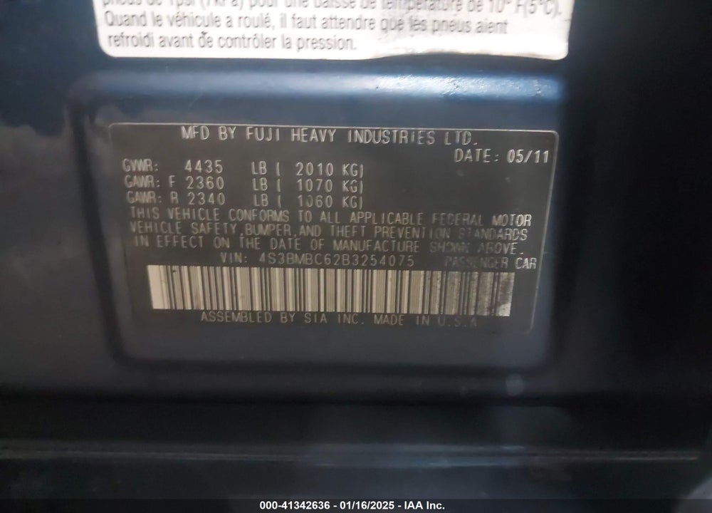 2011 SUBARU LEGACY 2.5I PREMIUM VIN: 4S3BMBC62B3254075