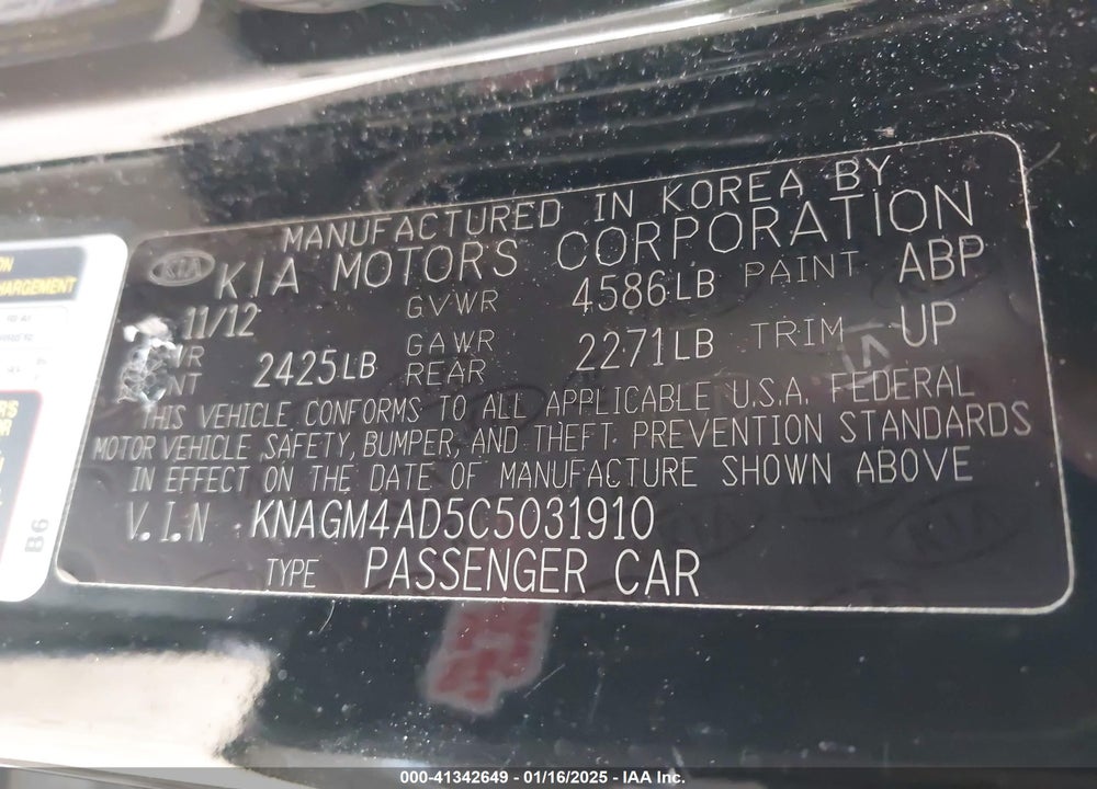 2012 KIA OPTIMA HYBRID VIN: KNAGM4AD5C5031910