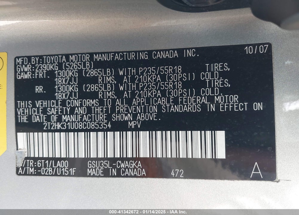 2008 LEXUS RX 350 VIN: 2T2HK31U08C085354