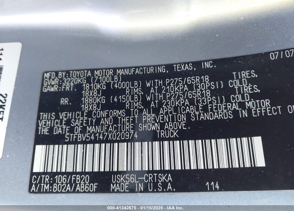 2007 TOYOTA TUNDRA VIN: 5TFBV54147X020974