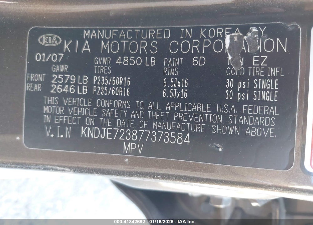 2007 KIA SPORTAGE LX V6 VIN: KNDJE723877373584