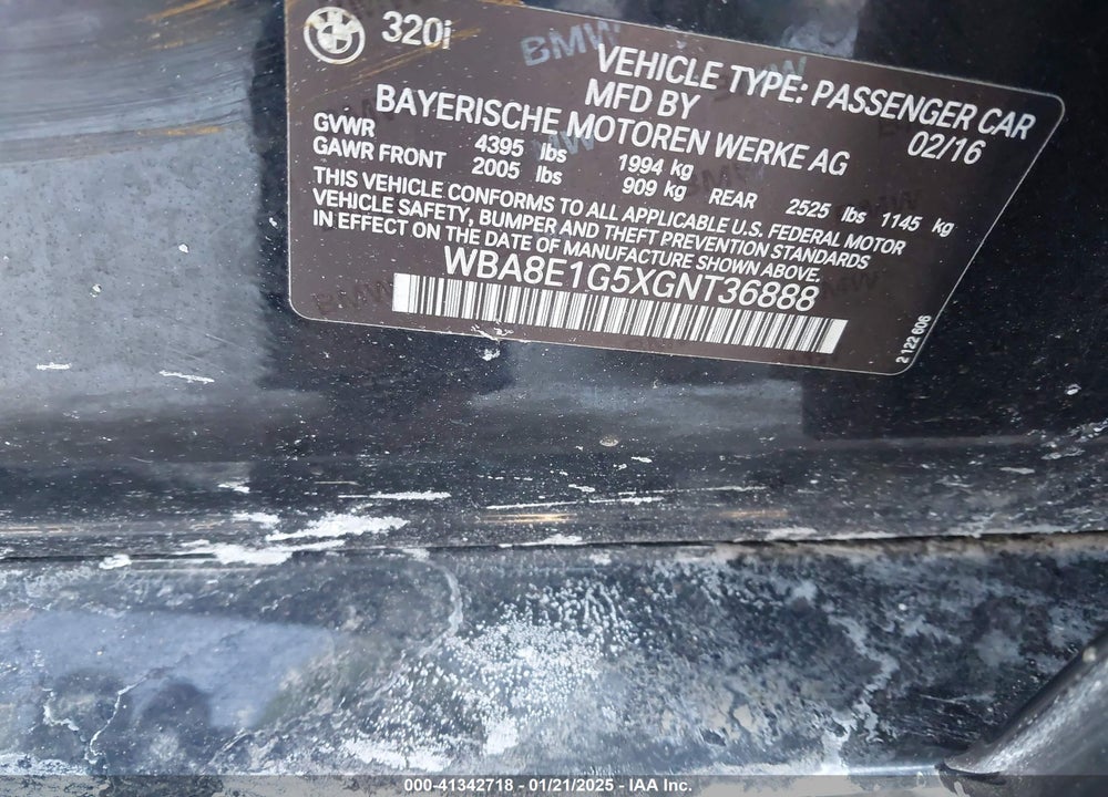 2016 BMW 320I VIN: WBA8E1G5XGNT36888