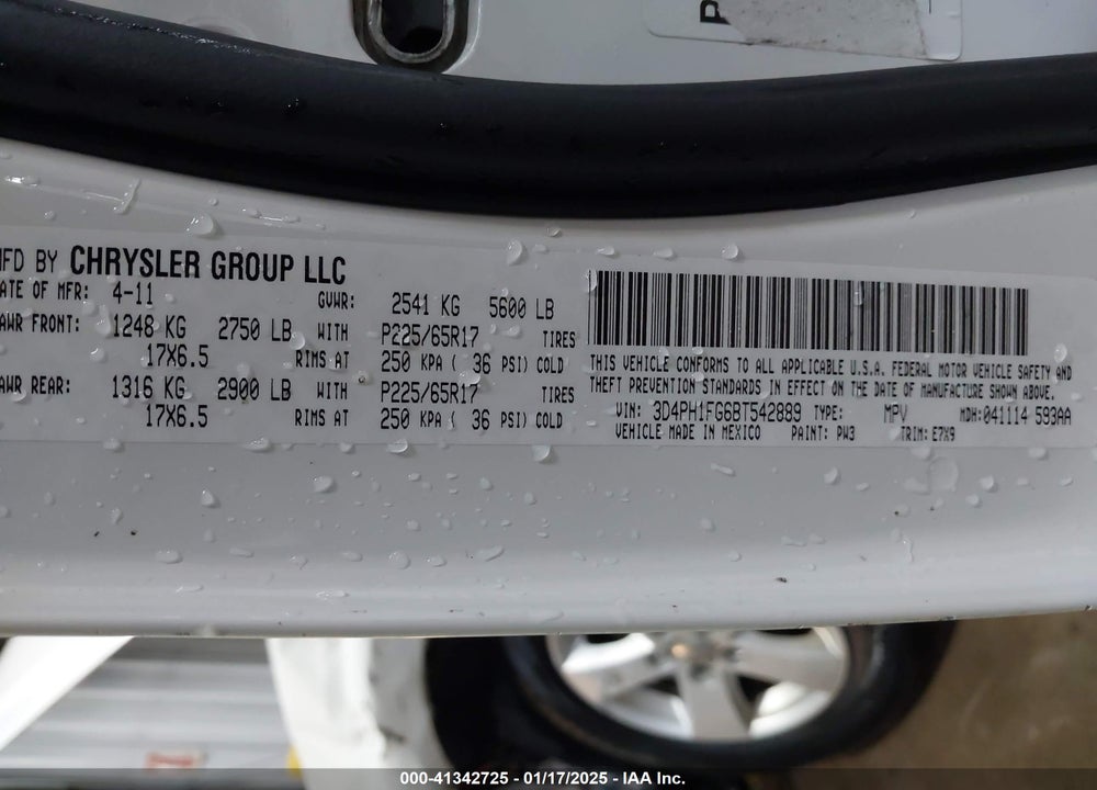 2011 DODGE JOURNEY VIN: 3D4PH1FG6BT542889