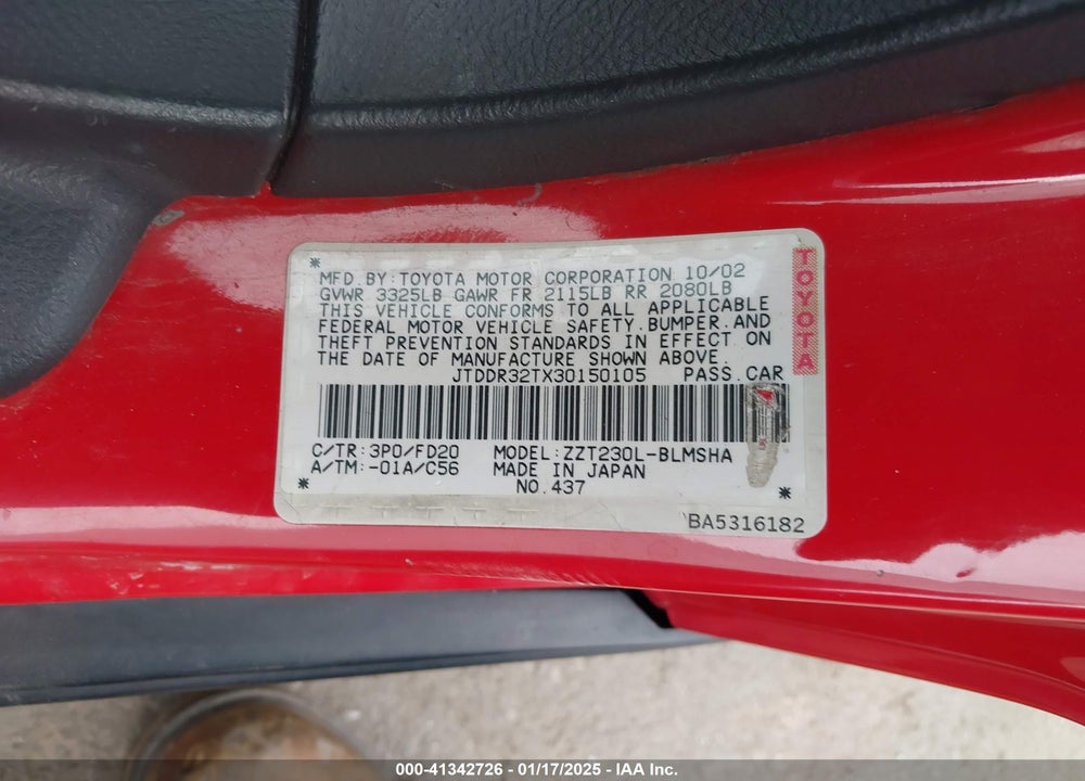 2003 TOYOTA CELICA GT VIN: JTDDR32TX30150105