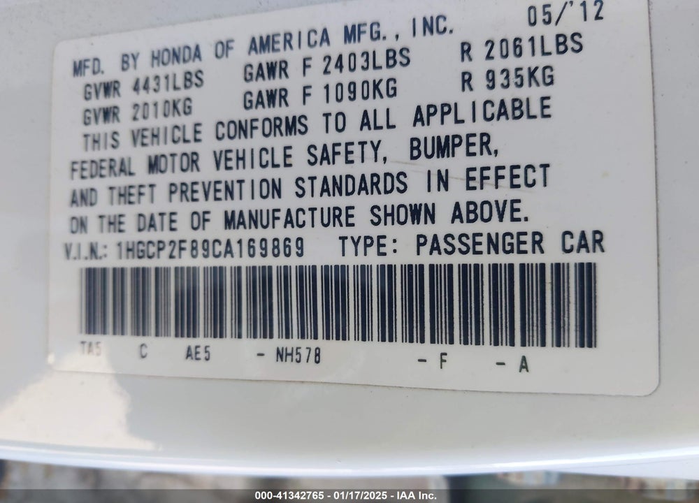 2012 HONDA ACCORD VIN: 1HGCP2F89CA169869