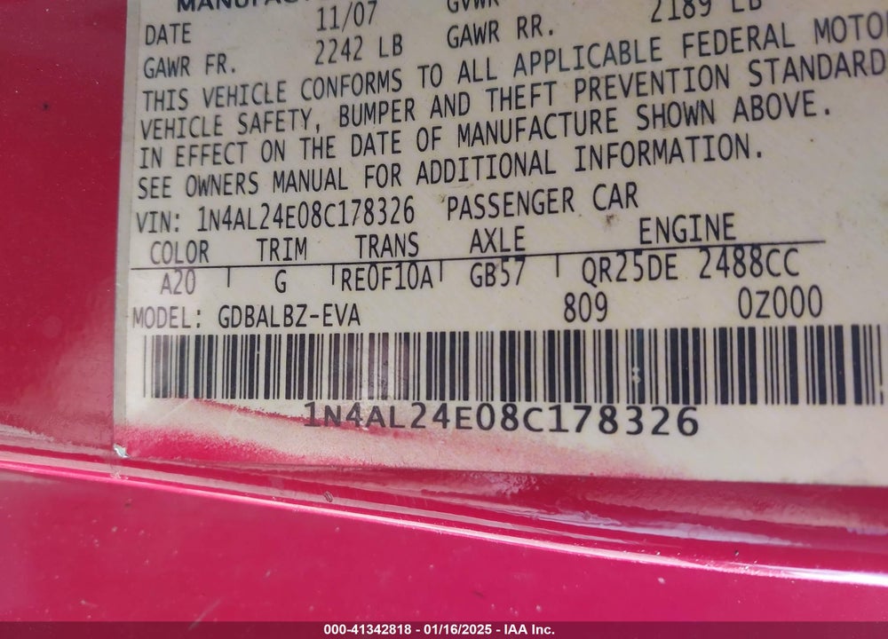 2008 NISSAN ALTIMA 2.5 S VIN: 1N4AL24E08C178326