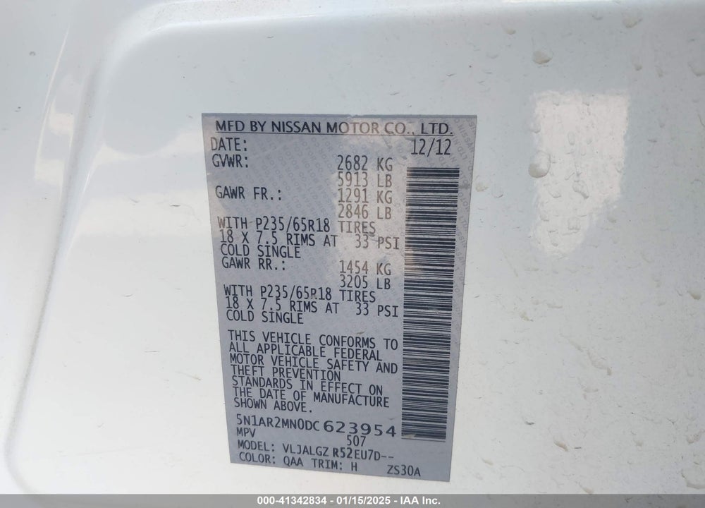 2013 NISSAN PATHFINDER SL VIN: 5N1AR2MN0DC623954