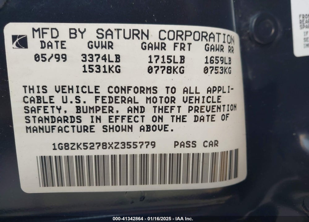 1999 SATURN SL2 VIN: 1G8ZK5278XZ355779