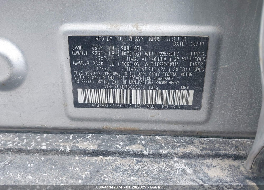2012 SUBARU OUTBACK 2.5I PREMIUM VIN: 4S4BRBCC9C3211339