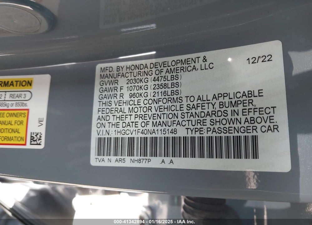 2022 HONDA ACCORD VIN: 1HGCV1F40NA115148