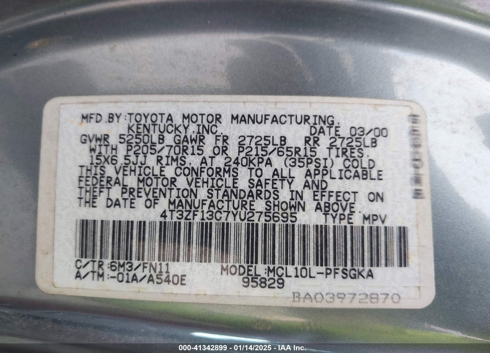 2000 TOYOTA SIENNA LE VIN: 4T3ZF13C7YU275695