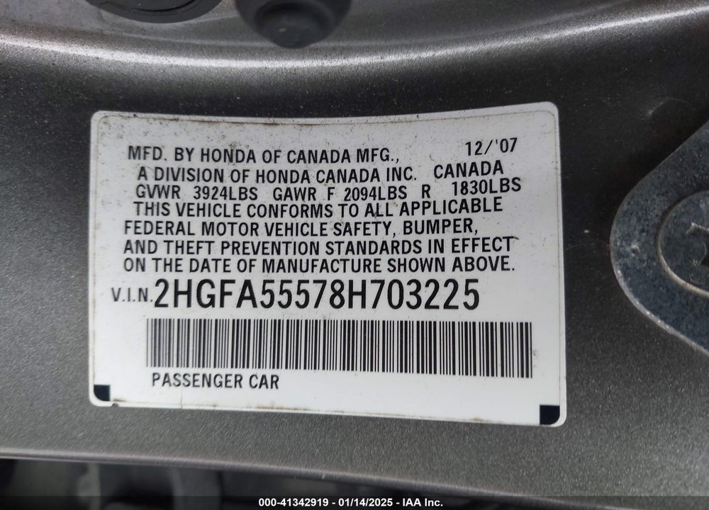 2008 HONDA CIVIC SI/SI MUGEN VIN: 2HGFA55578H703225